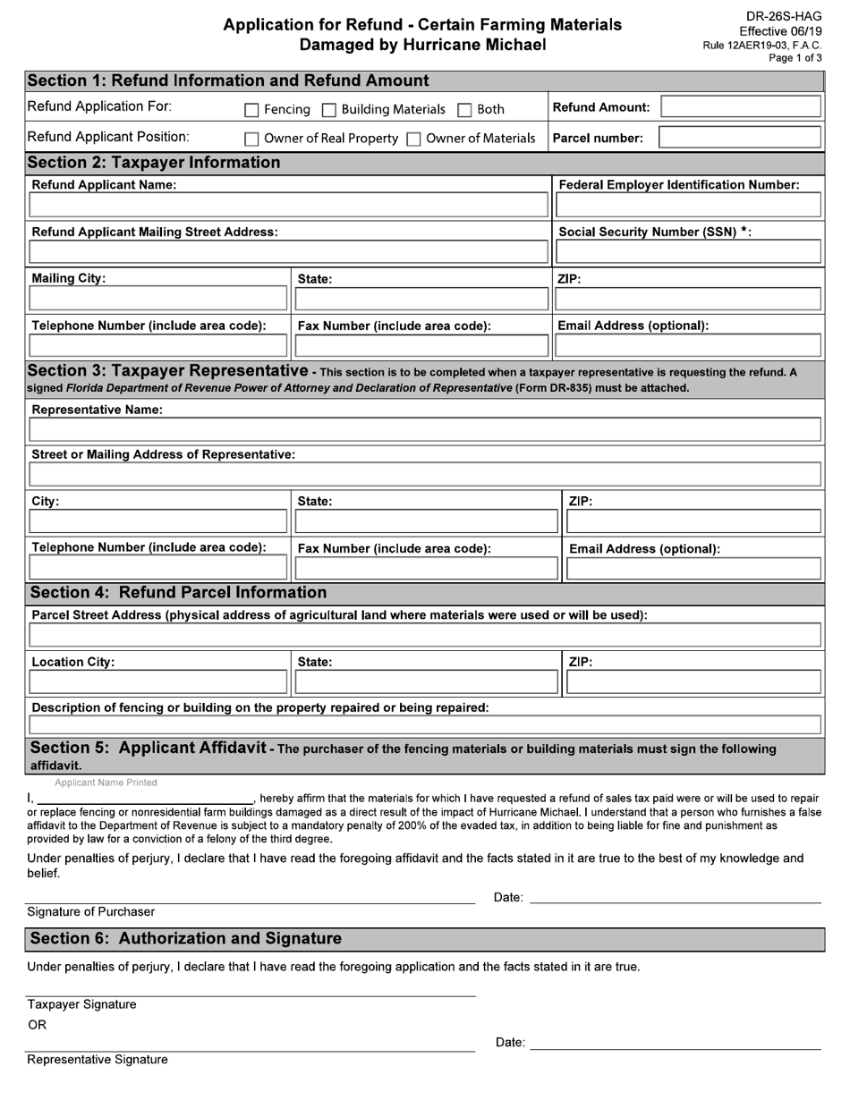 Form DR-26S-HAG Application for Refund - Certain Farming Materials Damaged by Hurricane Michael - Florida, Page 1