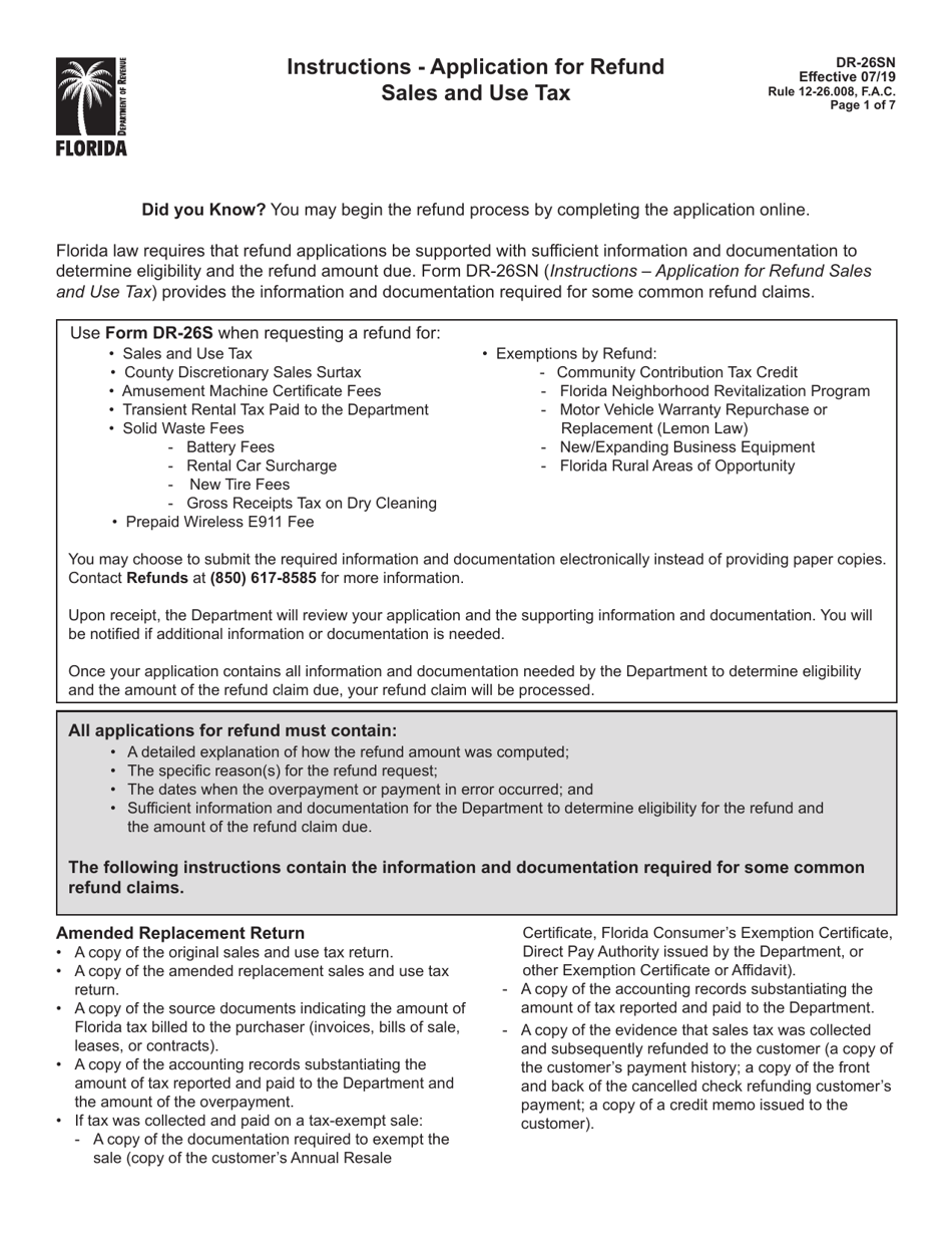 Instructions for Form DR-26S Application for Refund - Sales and Use Tax - Florida, Page 1