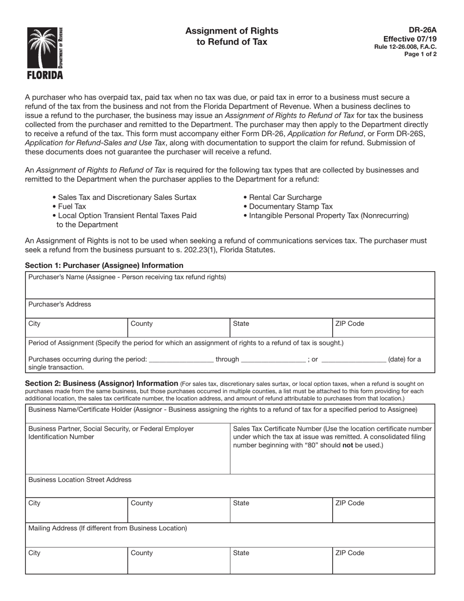 Form DR-26A Assignment of Rights to Refund of Tax - Florida, Page 1