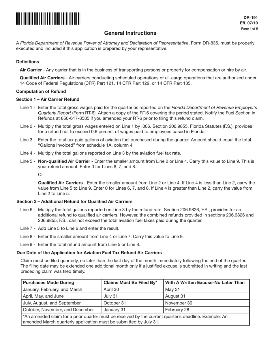 Form DR-191 Application for Aviation Fuel Tax Refund - Air Carriers - Florida, Page 4