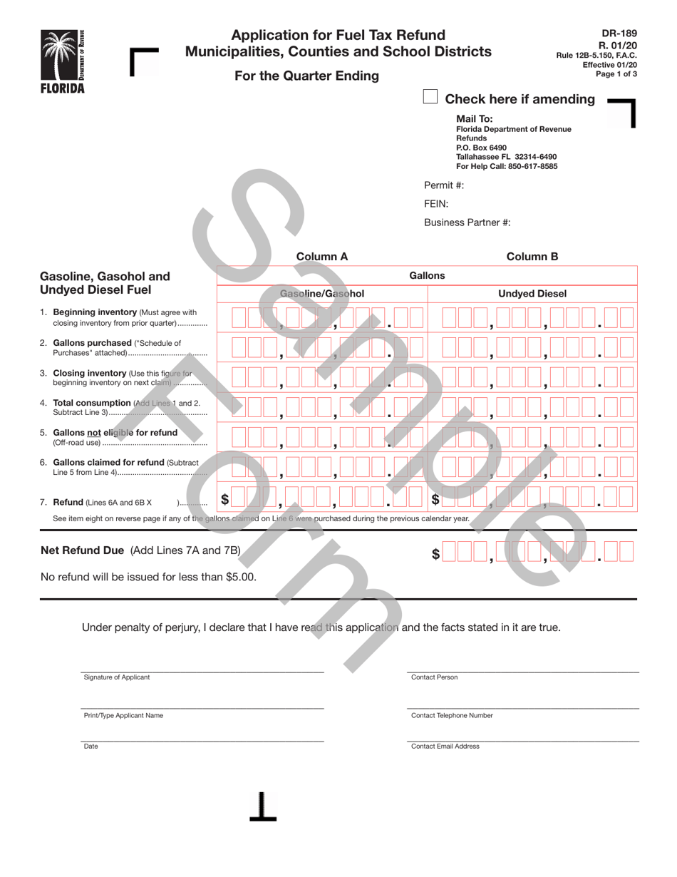 Form DR-189 Application for Fuel Tax Refund Municipalities, Counties and School Districts - Florida, Page 1