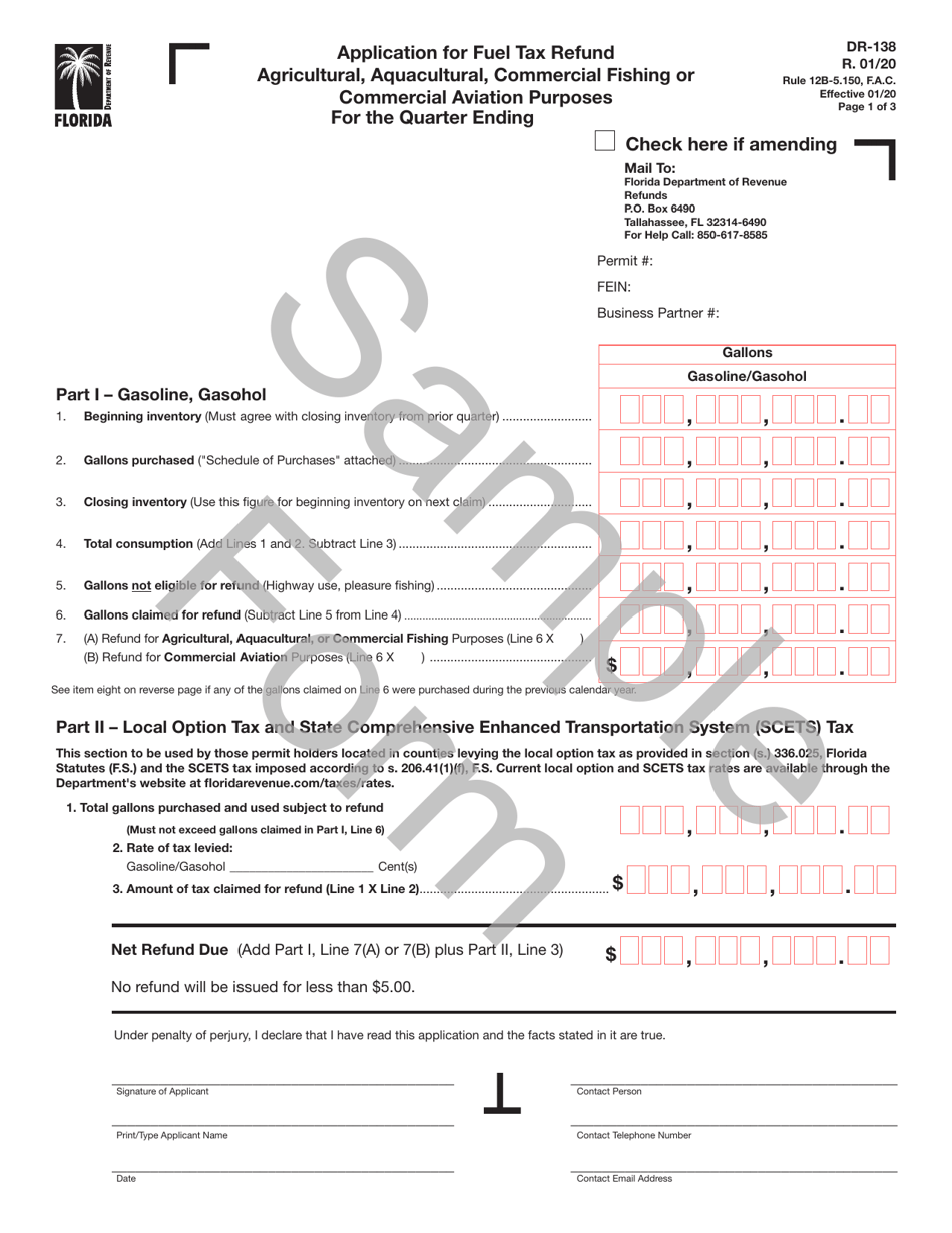 Form DR-138 Application for Fuel Tax Refund Agricultural, Aquacultural, Commercial Fishing or Commercial Aviation Purposes - Florida, Page 1