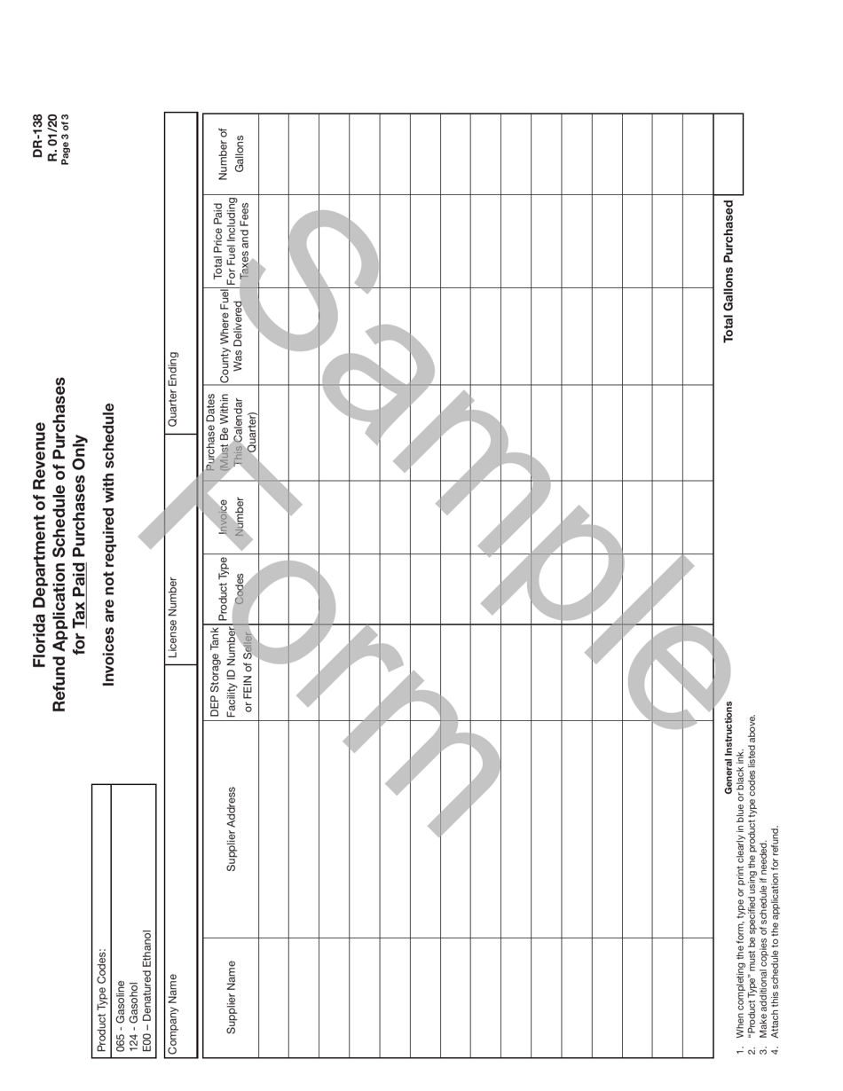 Form DR-138 Application for Fuel Tax Refund Agricultural, Aquacultural, Commercial Fishing or Commercial Aviation Purposes - Florida, Page 3