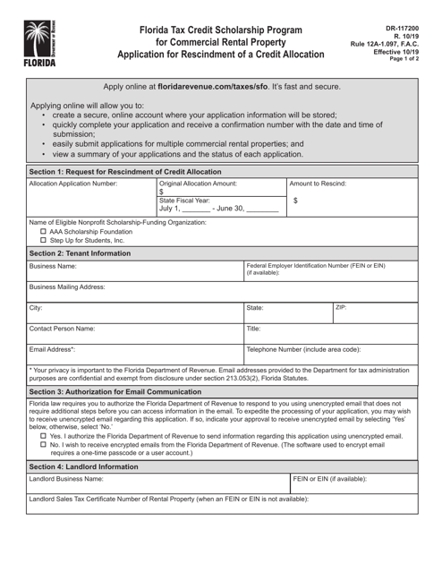 Form DR-117200 Florida Tax Credit Scholarship Program for Commercial Rental Property Application for Rescindment of a Credit Allocation - Florida
