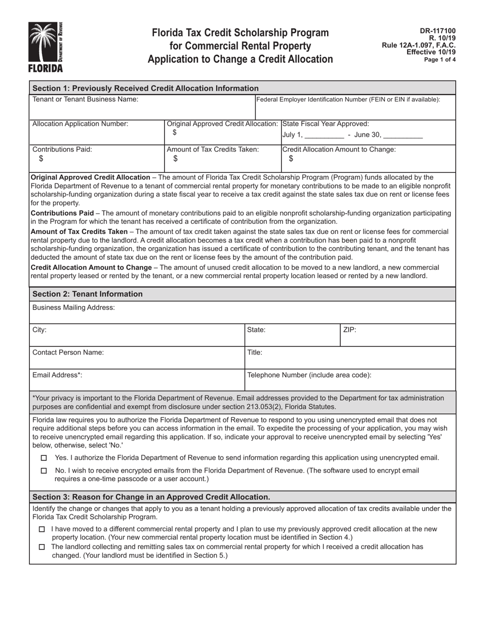 Form DR-117100 Florida Tax Credit Scholarship Program for Commercial Rental Property Application to Change a Credit Allocation - Florida, Page 1