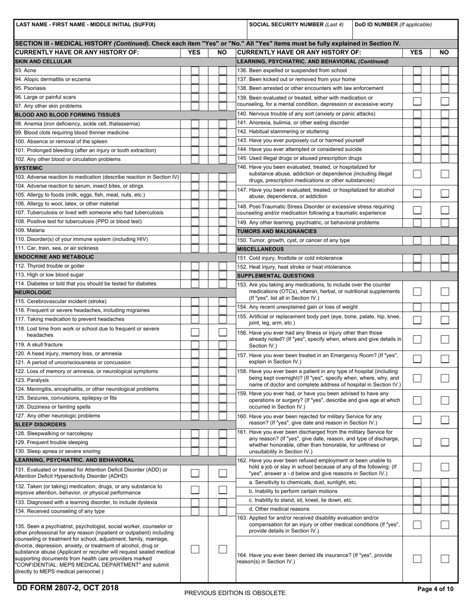 DD Form 2807-2 Accessions Medical History Report, Page 4