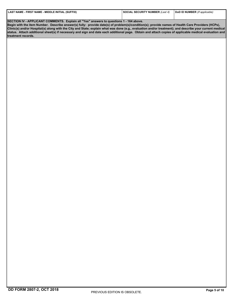 DD Form 2807-2 Accessions Medical History Report, Page 5