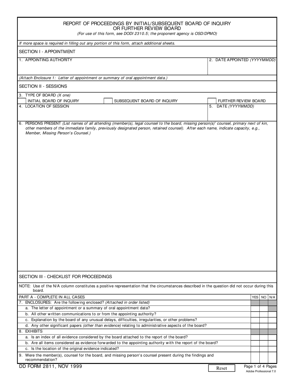 DD Form 2811 Report of Proceedings by Initial / Subsequent Board of Inquiry or Further Review Board, Page 1