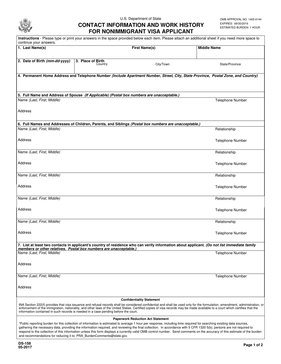 Form DS-158 Contact Information and Work History for Nonimmigrant Visa Applicant, Page 1