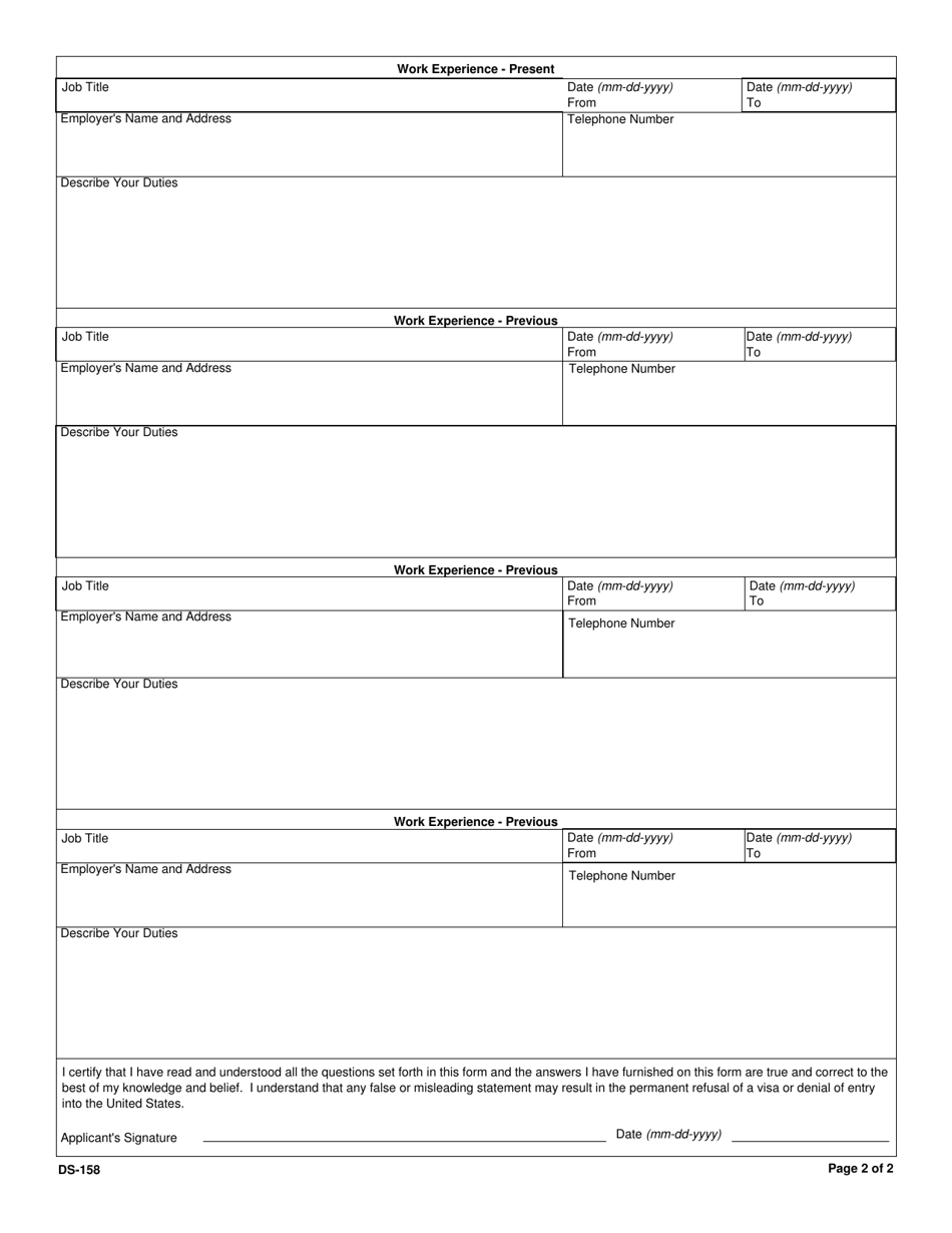 Form DS-158 Contact Information and Work History for Nonimmigrant Visa Applicant, Page 2