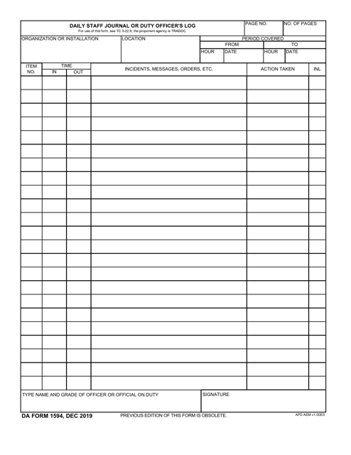 DA Form 1594 Daily Staff Journal or Duty Officer's Log