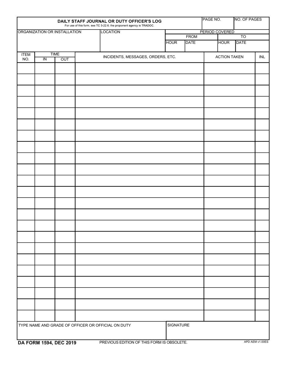 DA Form 1594 Daily Staff Journal or Duty Officers Log, Page 1