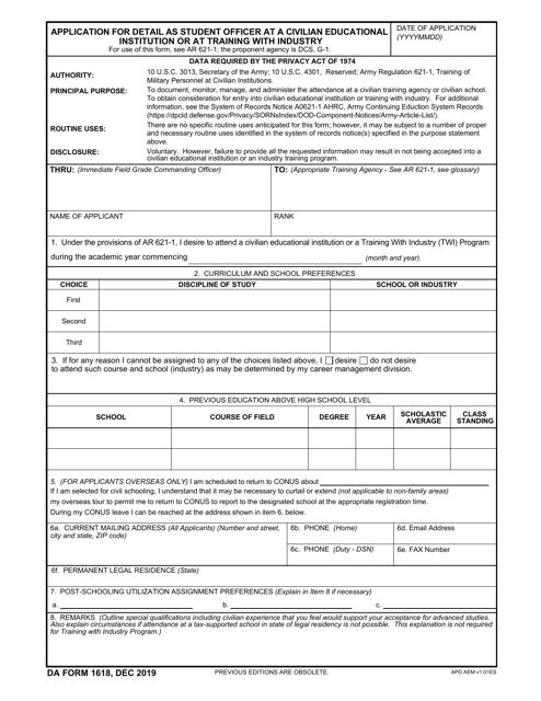 DA Form 1618 Application for Detail as Student Officer at a Civilian Educational Institution or at Training With Industry