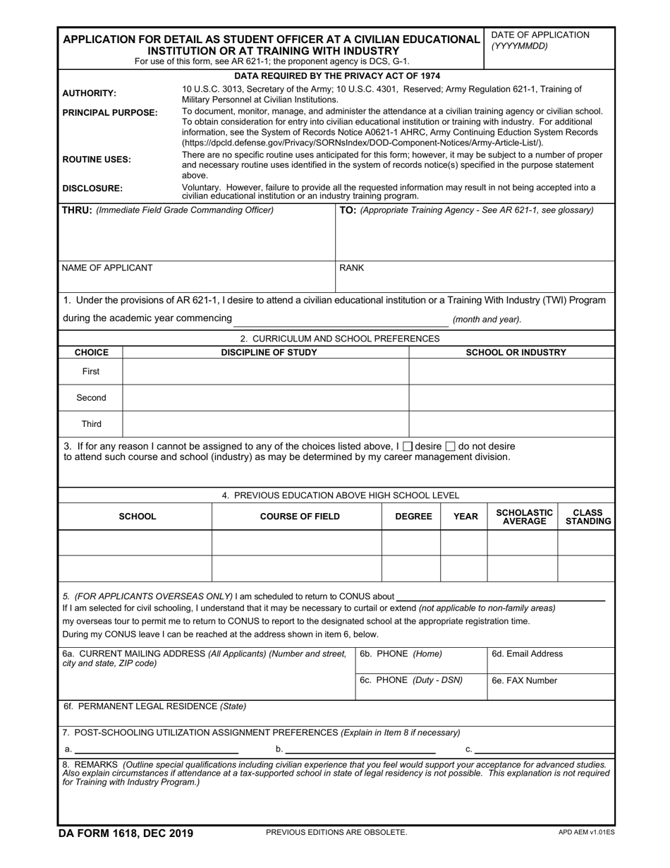DA Form 1618 Application for Detail as Student Officer at a Civilian Educational Institution or at Training With Industry, Page 1
