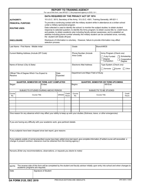 DA Form 2125 Report to Training Agency