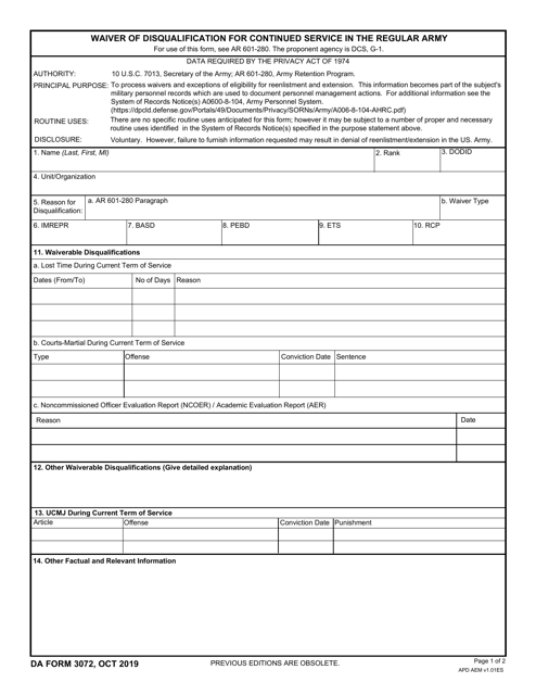 DA Form 3072 Waiver of Disqualification for Continued Service in the Regular Army
