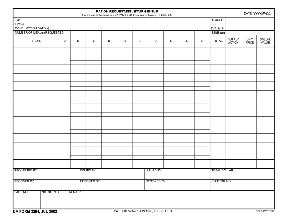 DA Form 3294 Ration Request / Issue / Turn-In Slip, Page 1