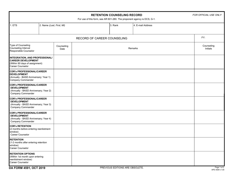 DA Form 4591 Download Fillable PDF or Fill Online Retention Counseling