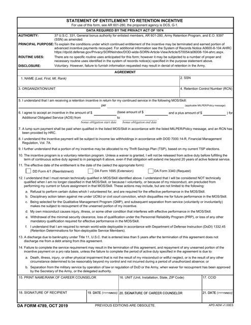 DA Form 4789  Printable Pdf