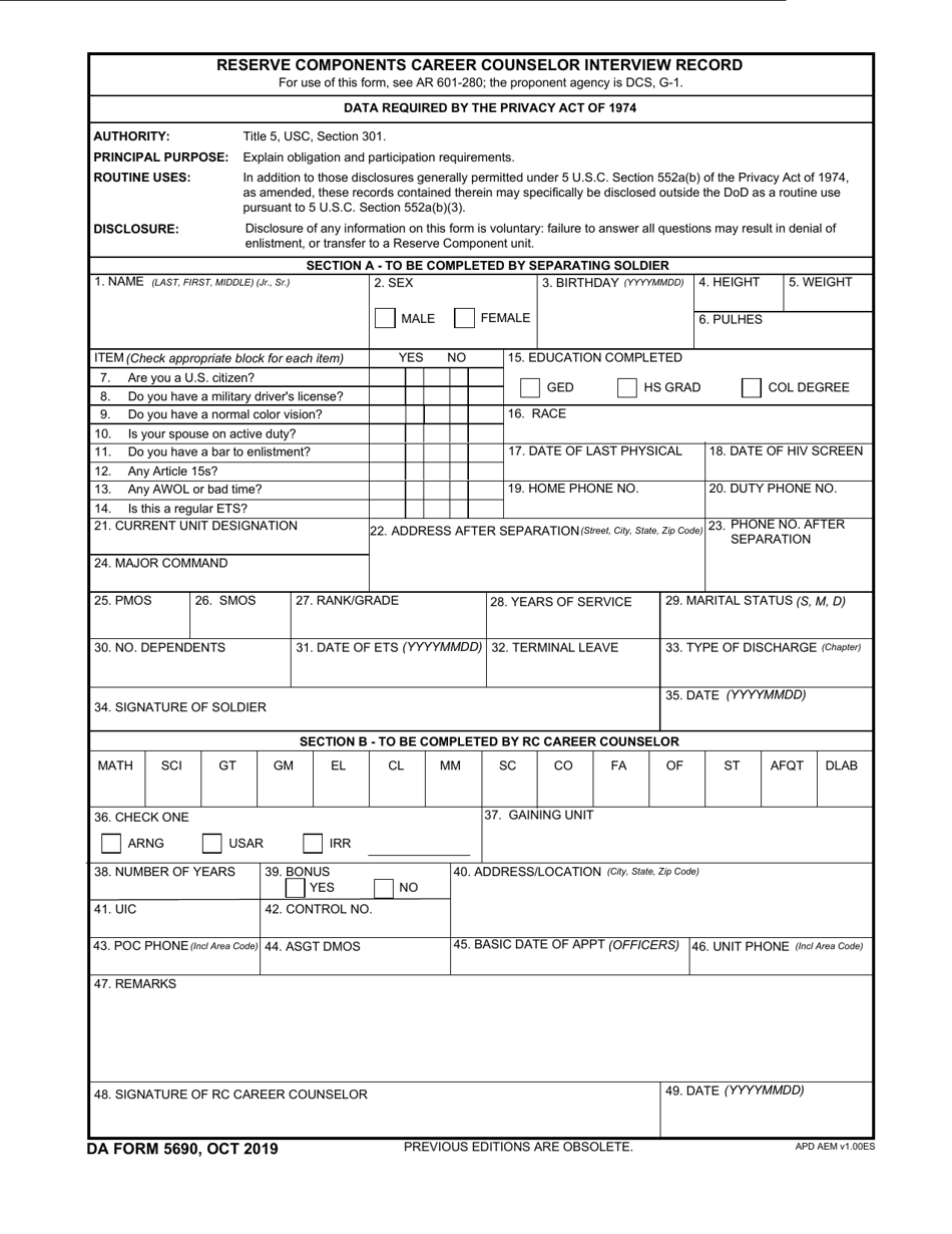 DA Form 5690 Reserve Components Career Counselor Interview Record, Page 1