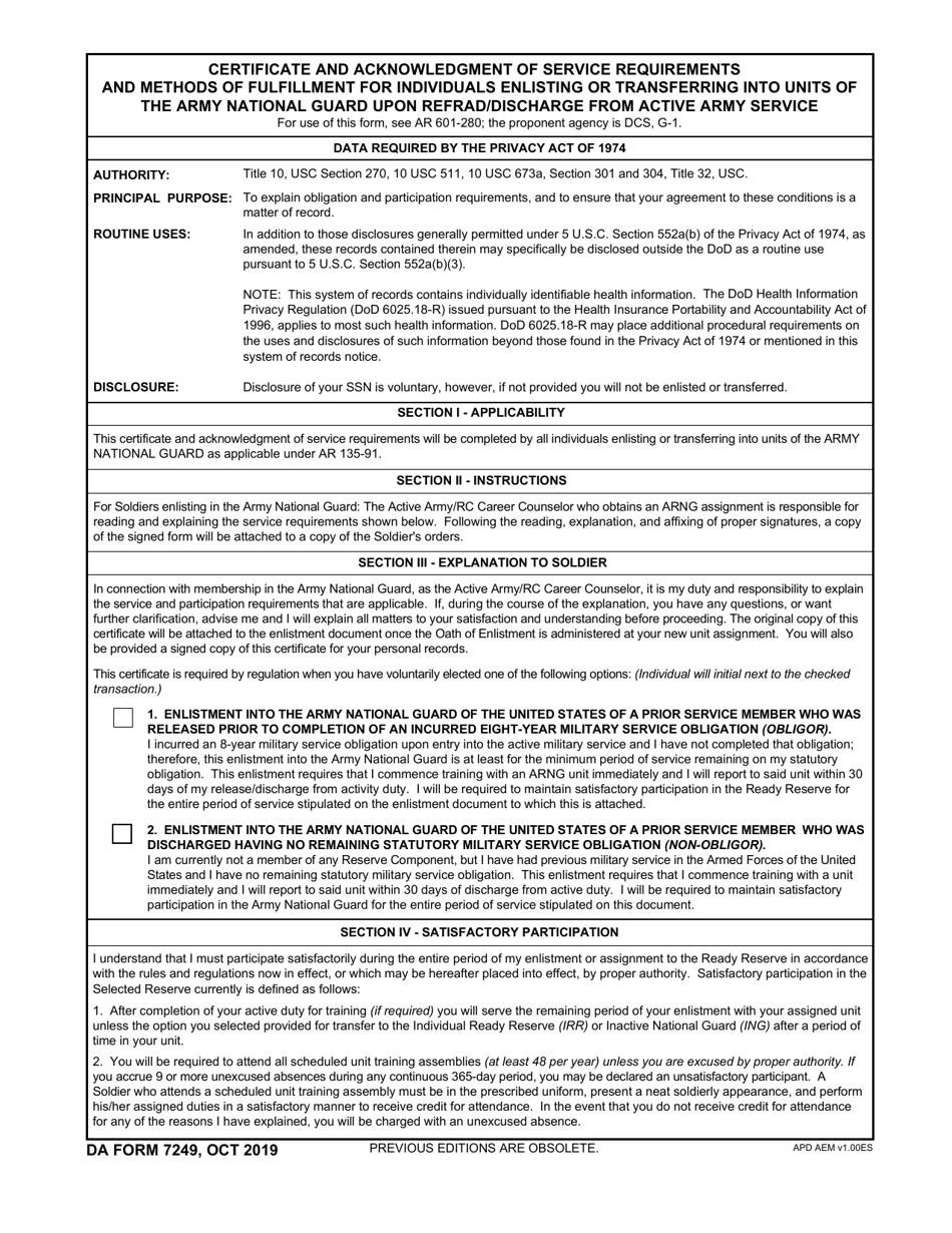 DA Form 7249 Download Fillable PDF or Fill Online Certificate and