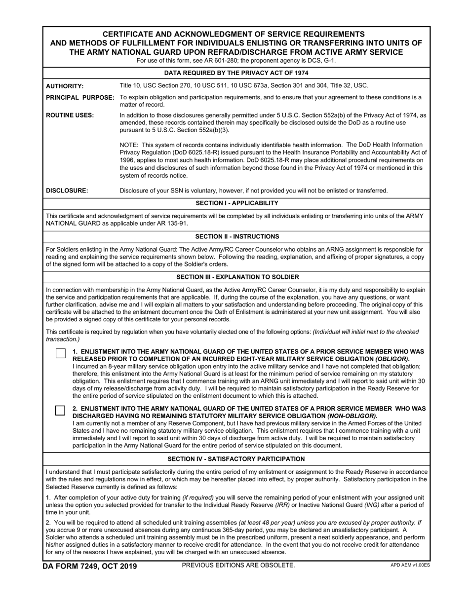DA Form 7249 Certificate and Acknowledgement of Service Requirement and Methods of Fulfillment for Individuals Enlisting or Transferring Into Units of the Army National Guard Upon REFRAD / Discharge From Active Army Service, Page 1
