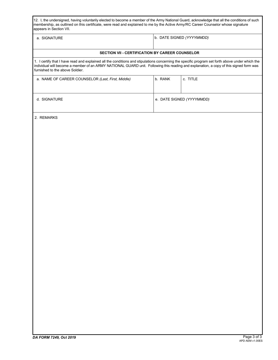 DA Form 7249 Certificate and Acknowledgement of Service Requirement and Methods of Fulfillment for Individuals Enlisting or Transferring Into Units of the Army National Guard Upon REFRAD / Discharge From Active Army Service, Page 3