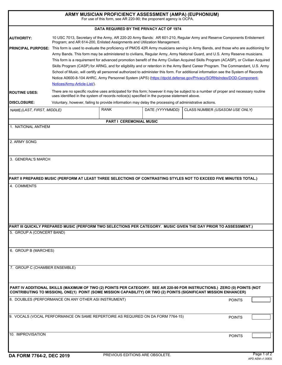 DA Form 7764-2 Download Fillable PDF or Fill Online Army Musician ...