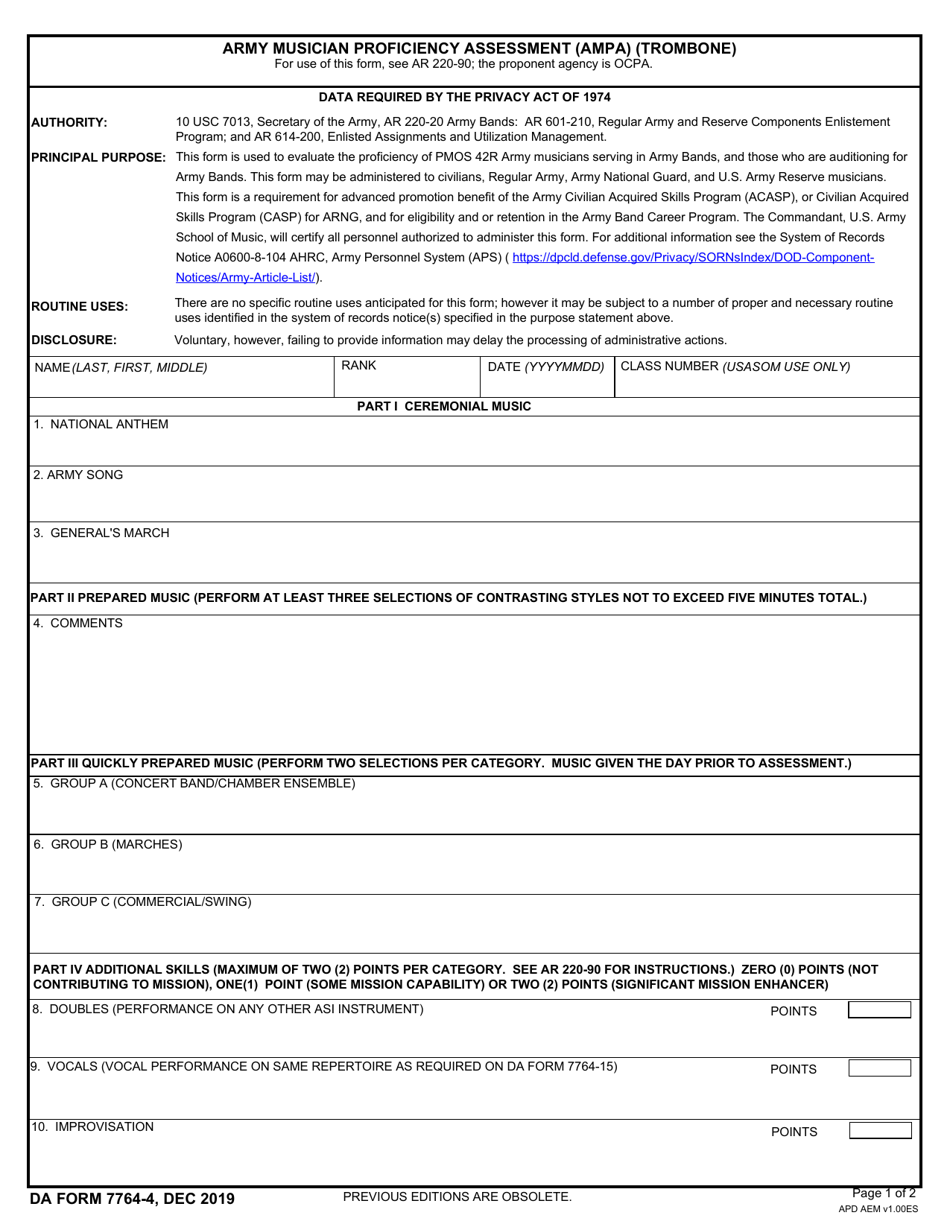 DA Form 7764-4 Army Musician Proficiency Assessment (Ampa) (Trombone), Page 1