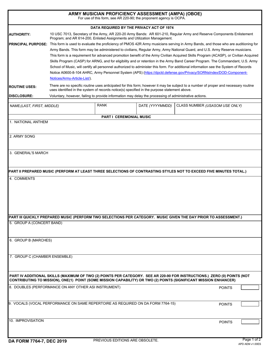 DA Form 7764-7 Download Fillable PDF or Fill Online Army Musician ...