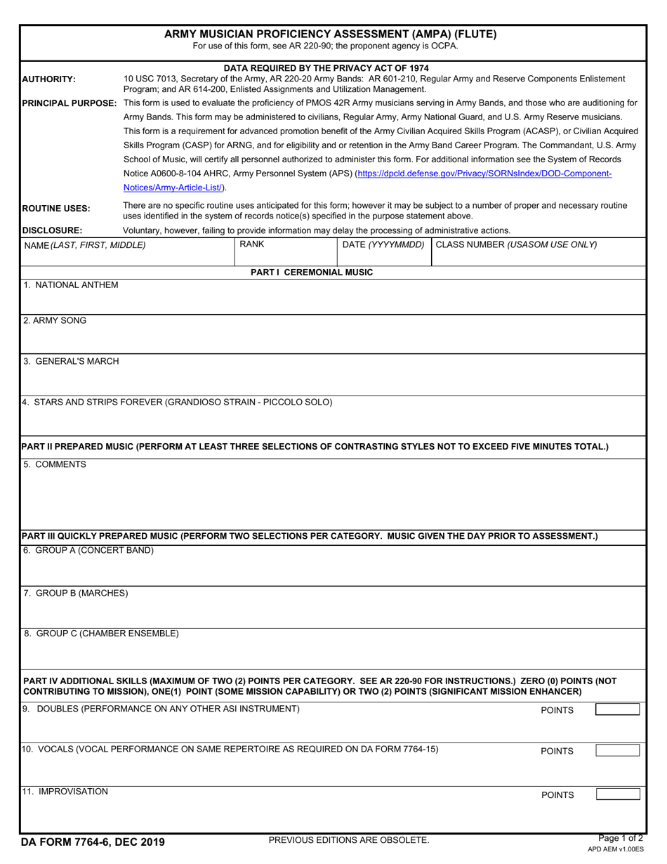 DA Form 7764-6 Army Musician Proficiency Assessment (Ampa) (Flute), Page 1