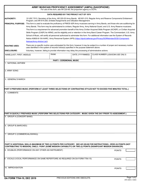 DA Form 7764-10 Army Musician Proficiency Assessment (Ampa) (Saxophone)