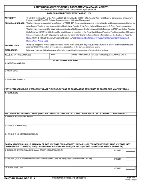 DA Form 7764-8 Army Musician Proficiency Assessment (Ampa) (Clarinet)