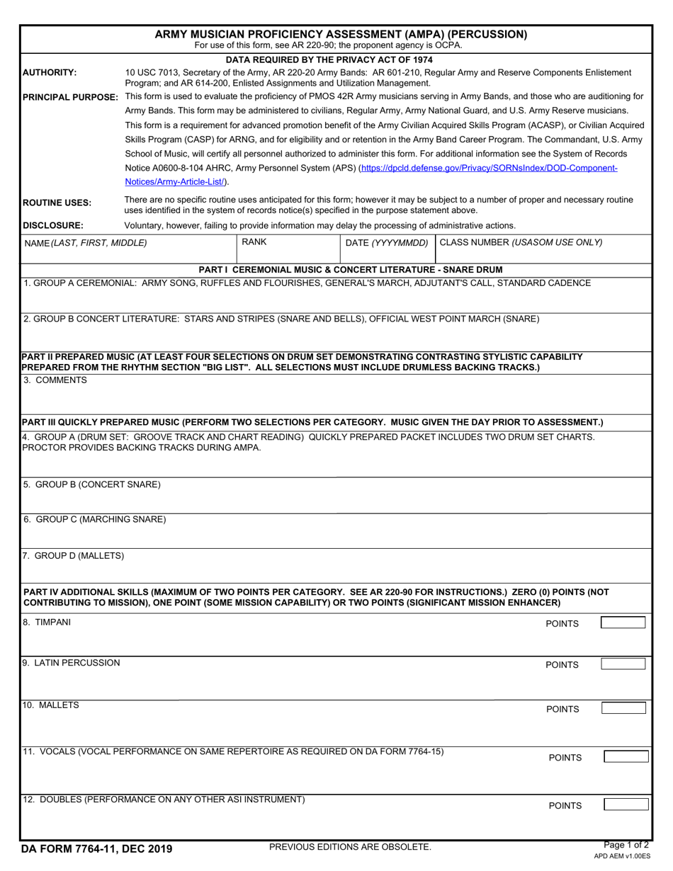 DA Form 7764-11 Army Musician Proficiency Assessment (Ampa) (Percussion), Page 1