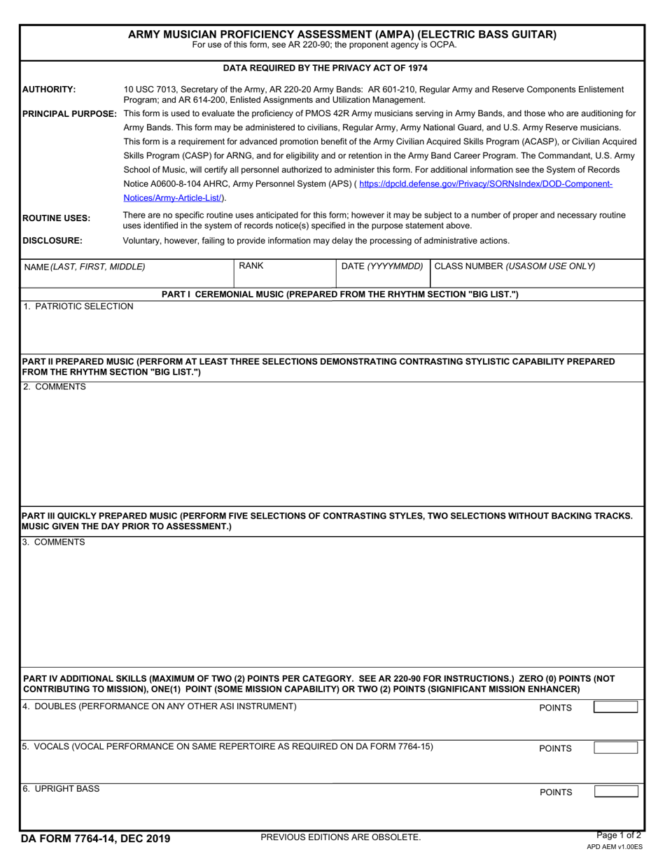 DA Form 7764-14 Army Musician Proficiency Assessment (Ampa) (Electric Bass Guitar), Page 1