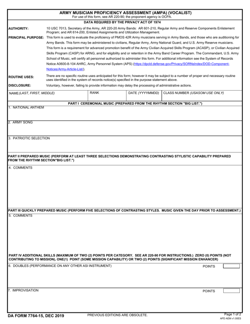 DA Form 7764-15 Army Musician Proficiency Assessment (Ampa) (Vocalist)