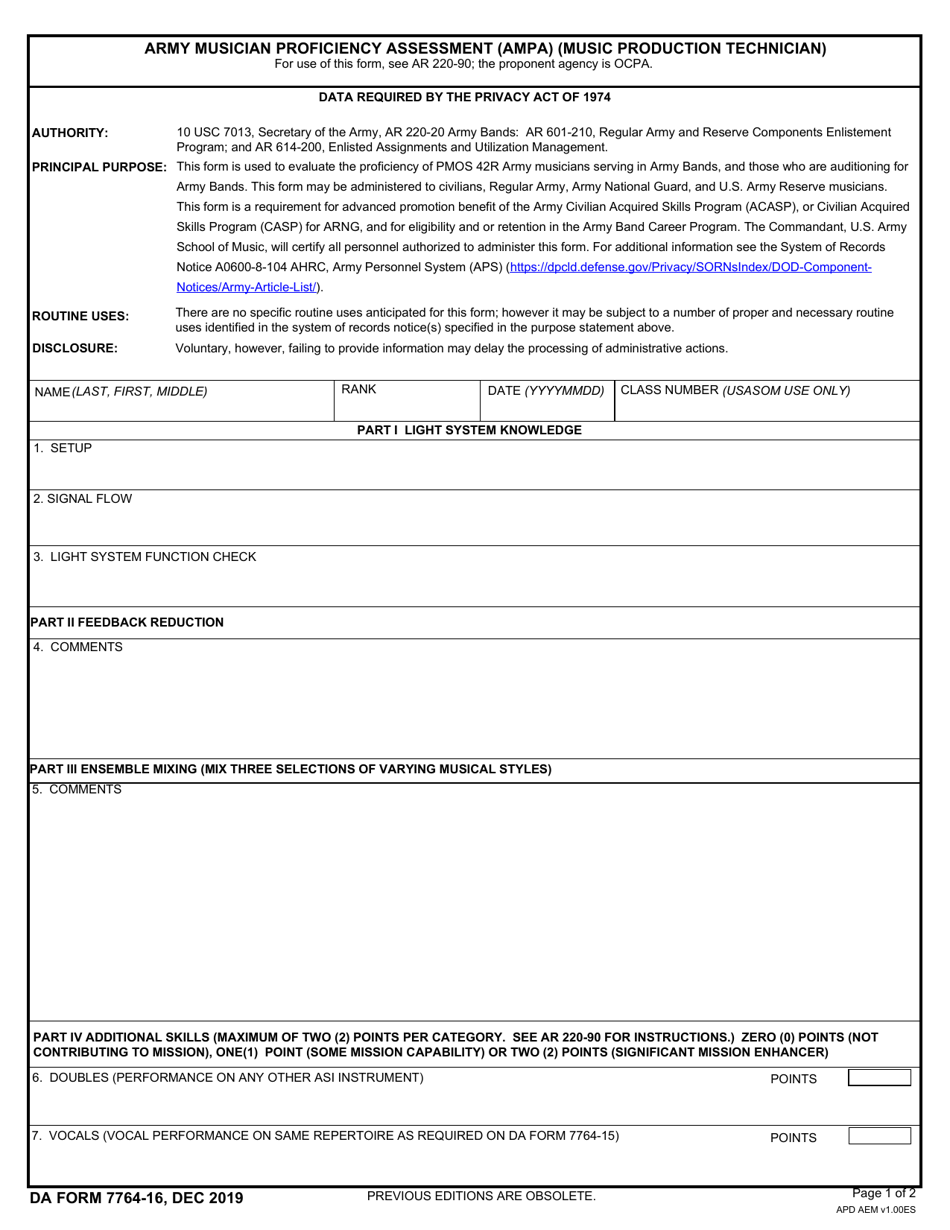 DA Form 7764-16 Army Musician Proficiency Assessment (Ampa) (Music Production Technician), Page 1