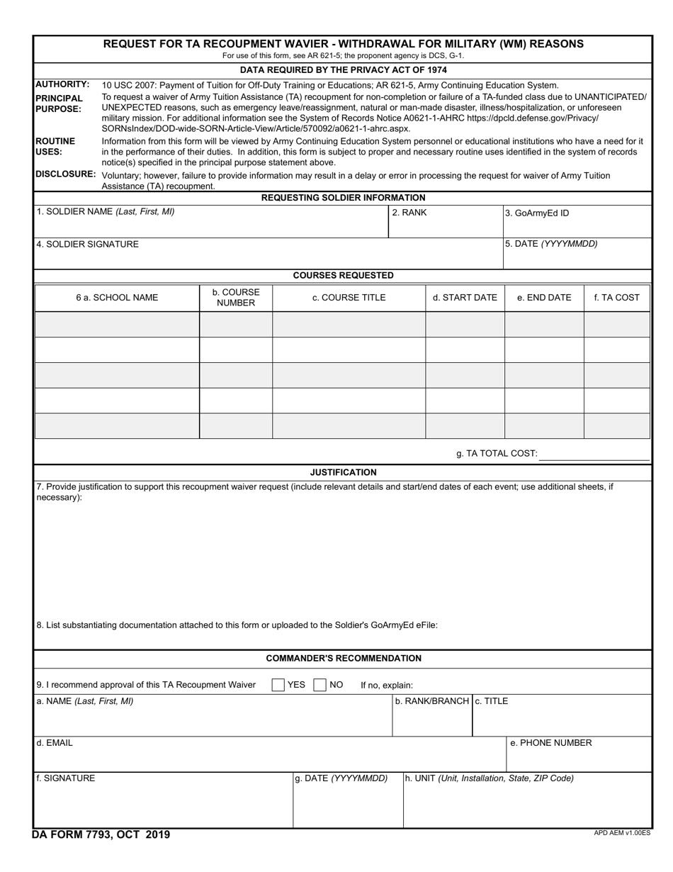 DA Form 7793 Request for Ta Recoupment Waiver - Withdrawal for Military (Wm) Reasons, Page 1