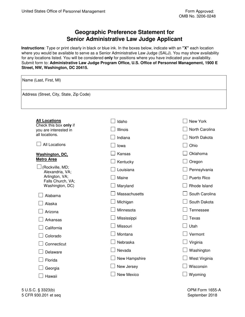 OPM Form 1655-A Geographic Preference Statement for Senior Administrative Law Judge Applicant, Page 1