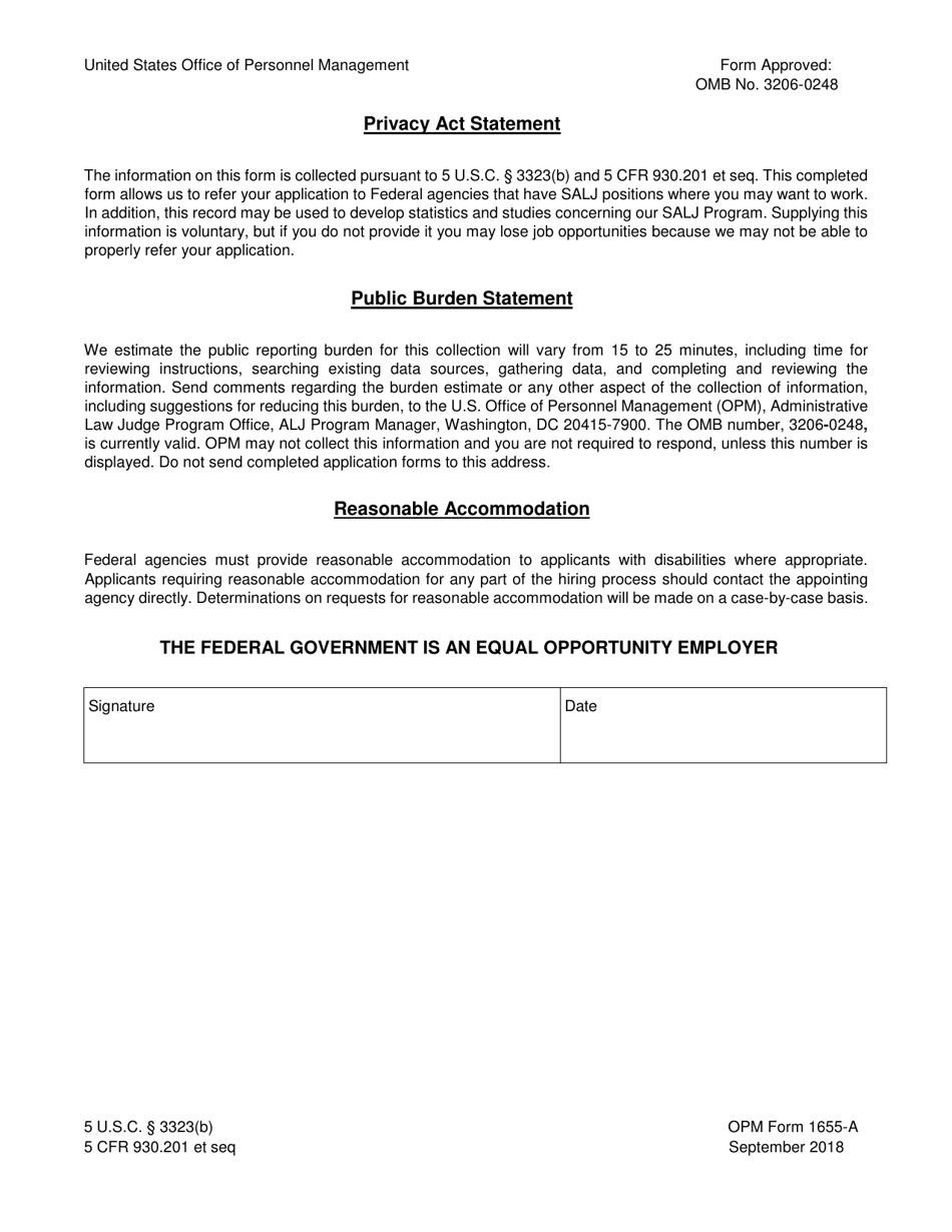 OPM Form 1655-A Geographic Preference Statement for Senior Administrative Law Judge Applicant, Page 2