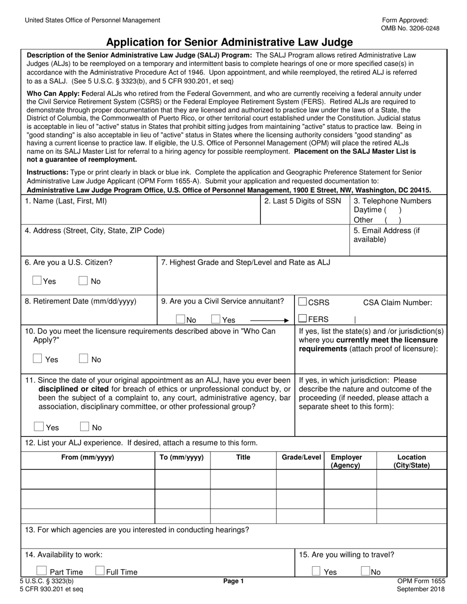 OPM Form 1655 Application for Senior Administrative Law Judge, Page 1