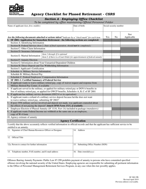 Form SF2801 PR Agency Checklist for Phased Retirement - Csrs