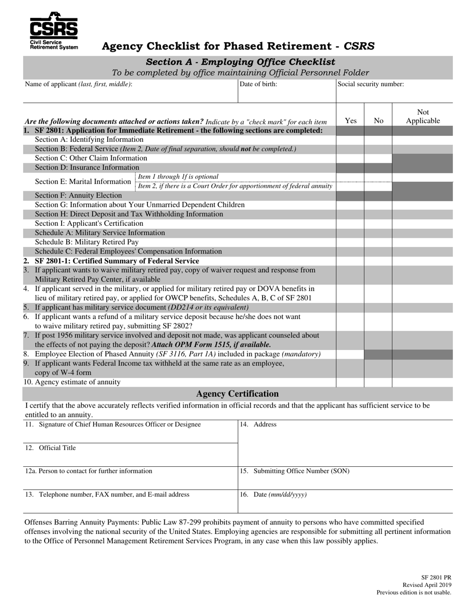 Form SF2801 PR Agency Checklist for Phased Retirement - Csrs, Page 1