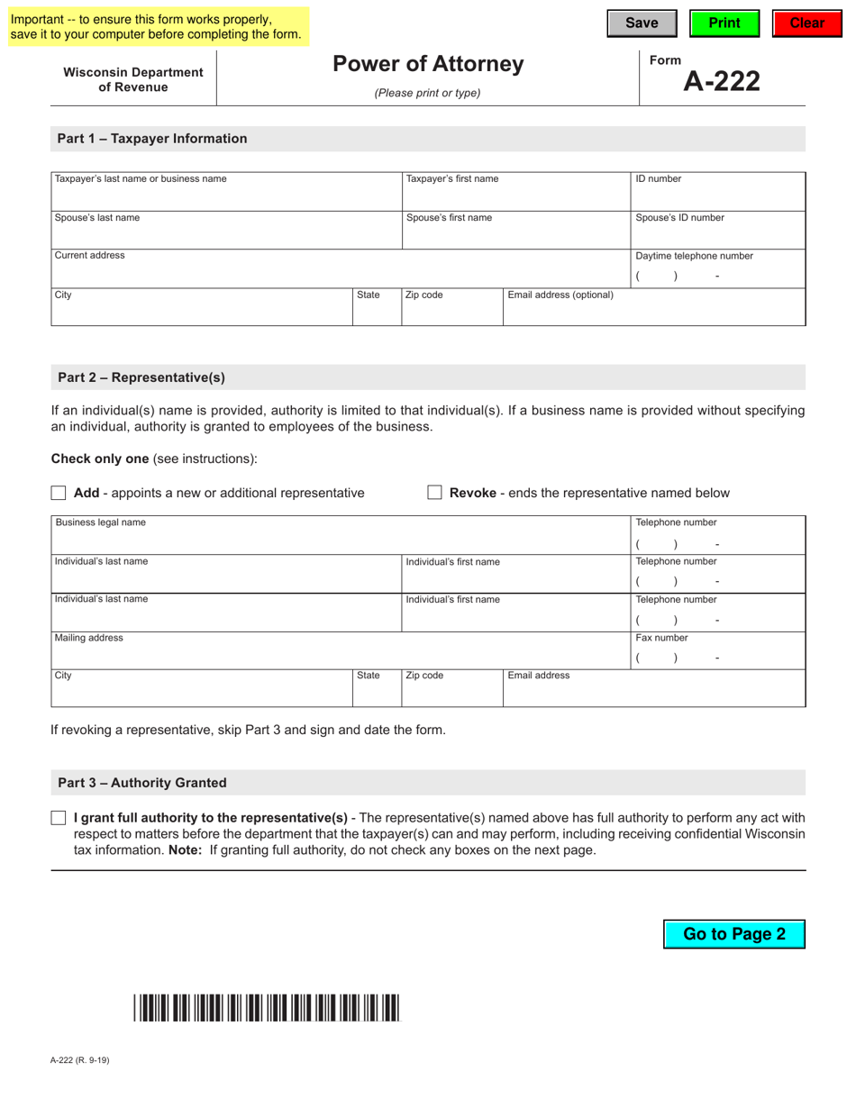 Form A-222 Power of Attorney - Wisconsin, Page 1
