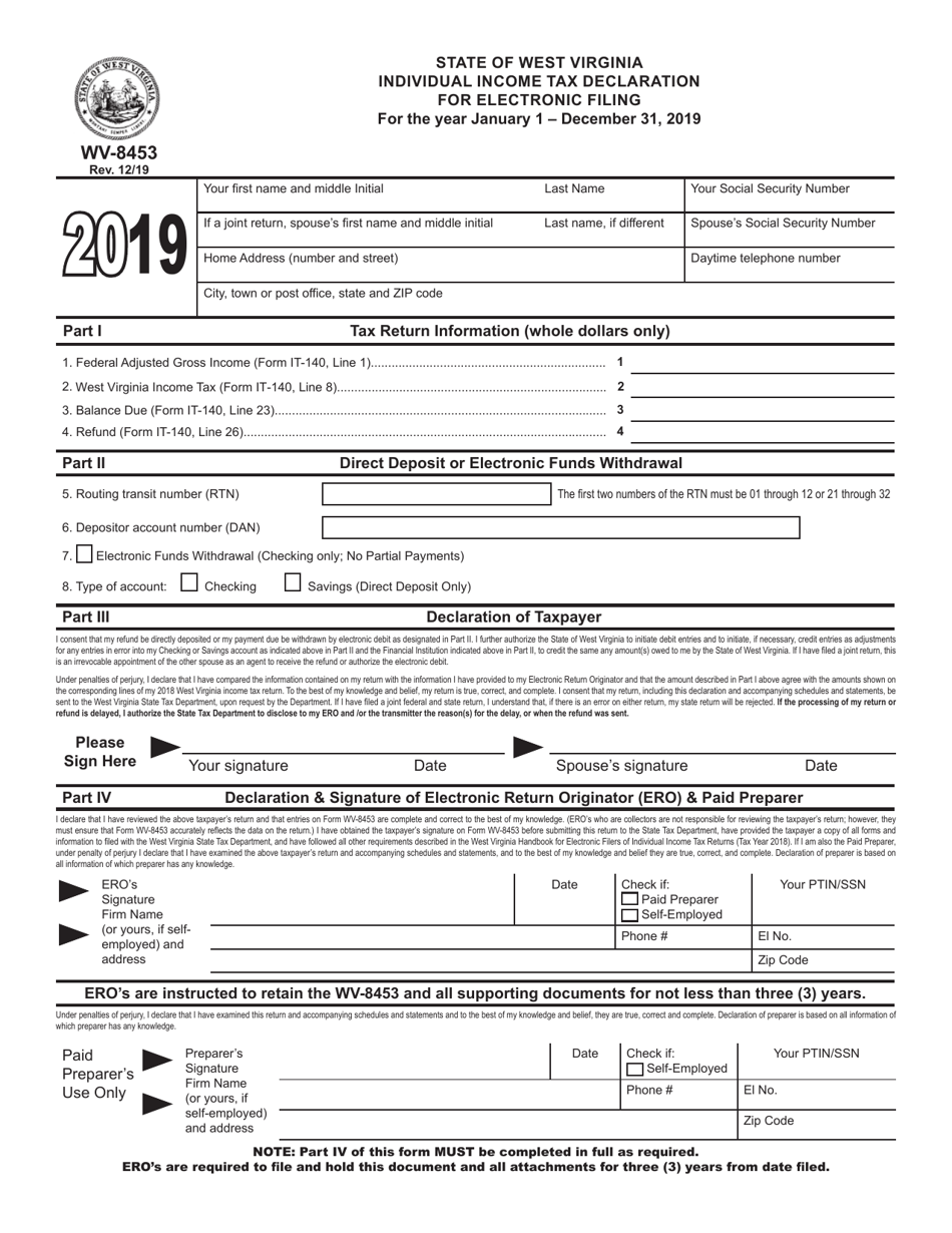 Form WV-8453 Individual Income Tax Declaration for Electronic Filing - West Virginia, Page 1