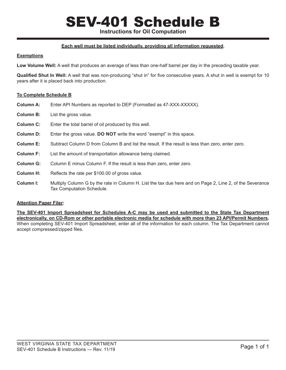 Instructions for Form SEV-401 Schedule B Oil - Tax Computation and Exemption Schedule - West Virginia, Page 1