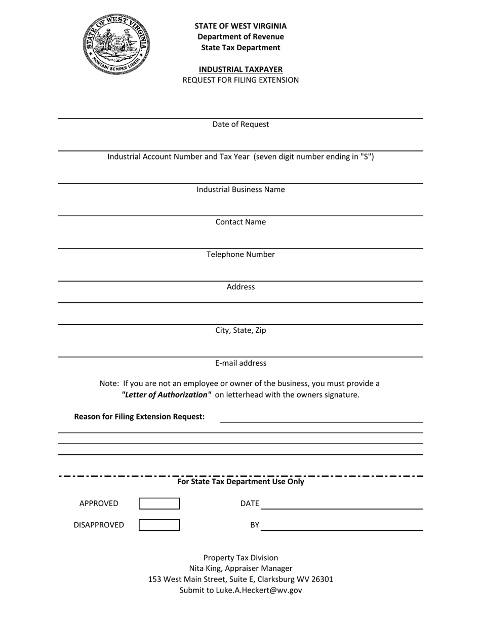 Industrial Taxpayer Request for Filing Extension - West Virginia, Page 1