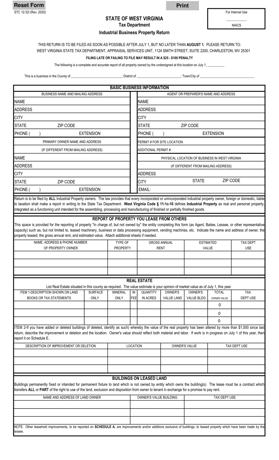 Form STC12:32I Industrial Business Property Return - West Virginia, Page 1