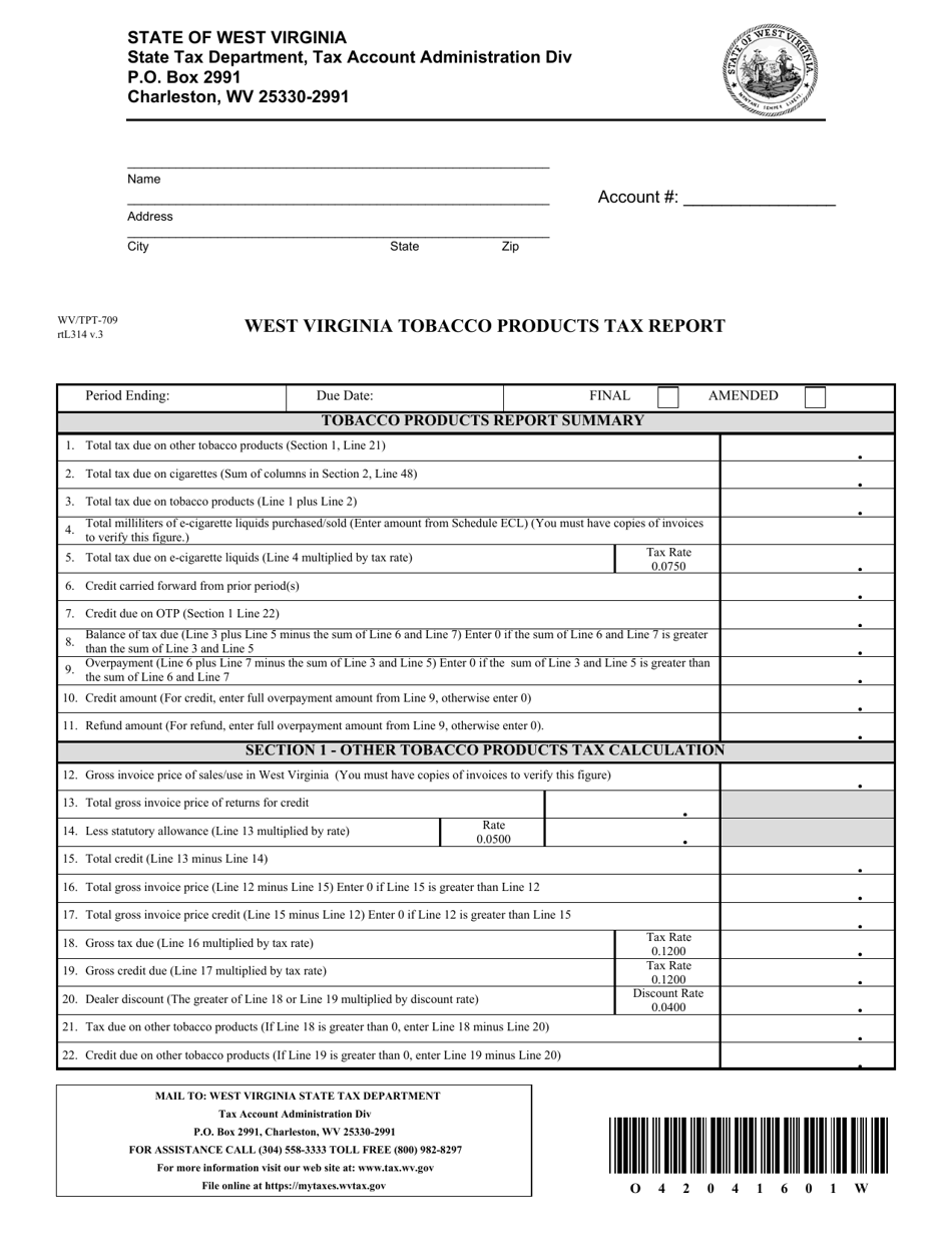 Form WV / TPT-709 West Virginia Tobacco Products Tax Report - West Virginia, Page 1