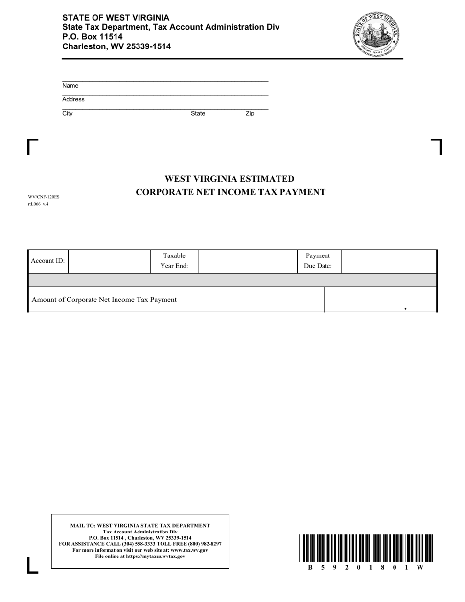 Form WV / CNF-120ES West Virginia Estimated Corporate Net Income Tax Payment - West Virginia, Page 1